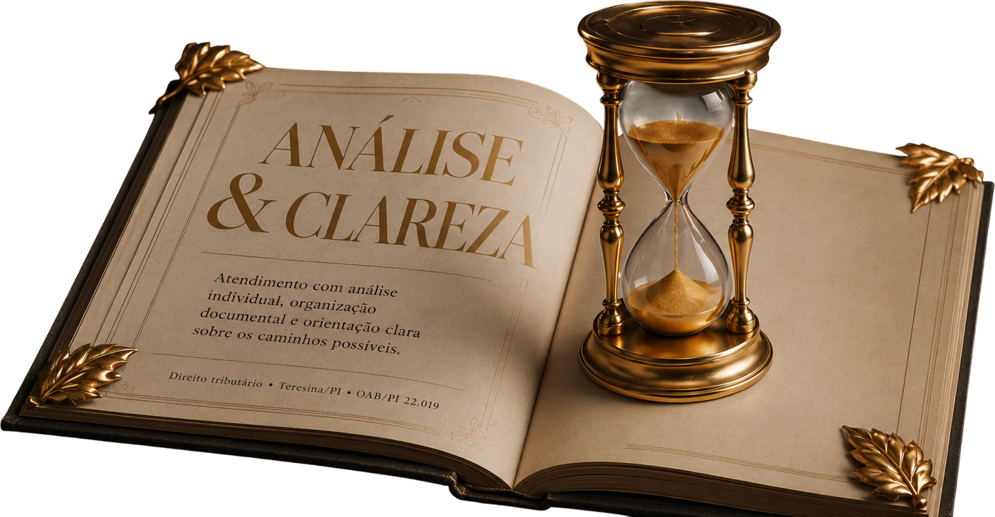Página ilustrada com o lema Análise e Clareza, ao lado de uma ampulheta dourada, representando o atendimento com análise individual, organização documental e orientação clara em direito tributário.